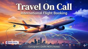 Top air ticketing agents in Udyog Vihar Gurugram - Travel On Call banner with airplane and world destinations