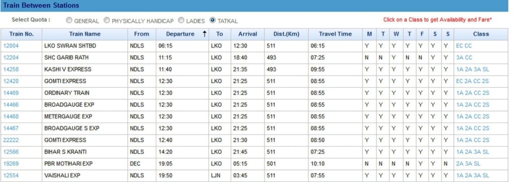 IRCTC website showing Tatkal quota selection in the train search form
