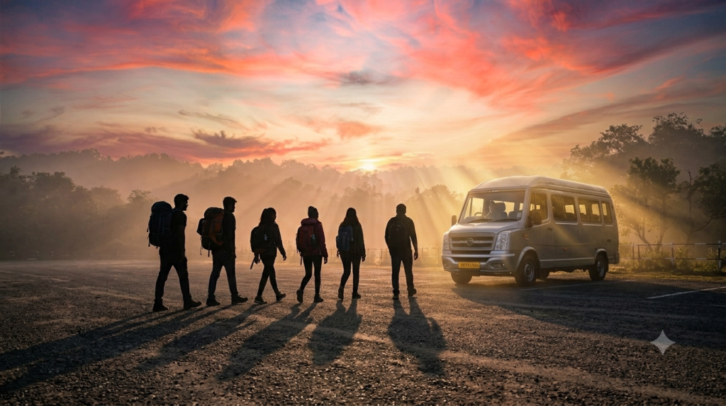 Group boarding Urbania traveller for Jim Corbett trip from Gurgaon pickup point