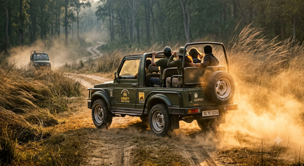 Open safari jeep in Jim Corbett National Park during peak safari season
