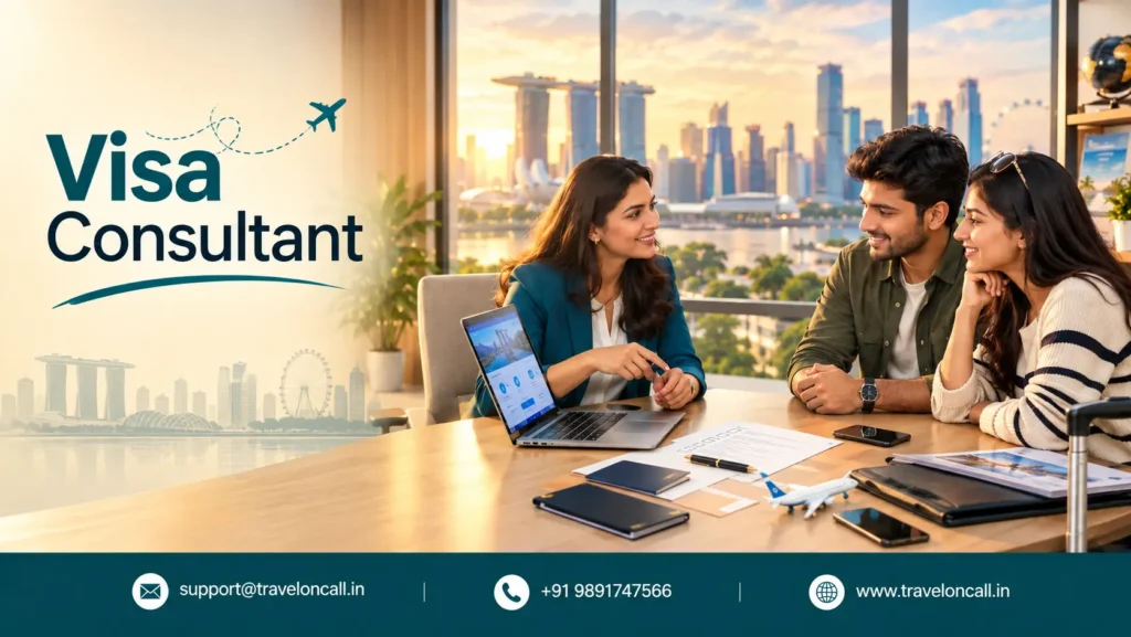 Singapore visa consultant helping a couple with travel documents in Gurgaon
