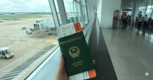 Vietnam e-Visa guide featuring a futuristic digital visa application interface and vibrant Vietnamese street scenery.