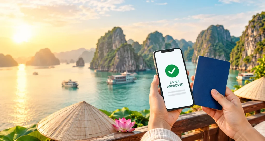 Traveller holding a phone with an approved Vietnam e-visa next to a passport, with Ha Long Bay in the background