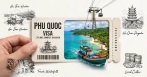Phu Quoc island beach with a passport on a table, showing visa rules for Phu Quoc