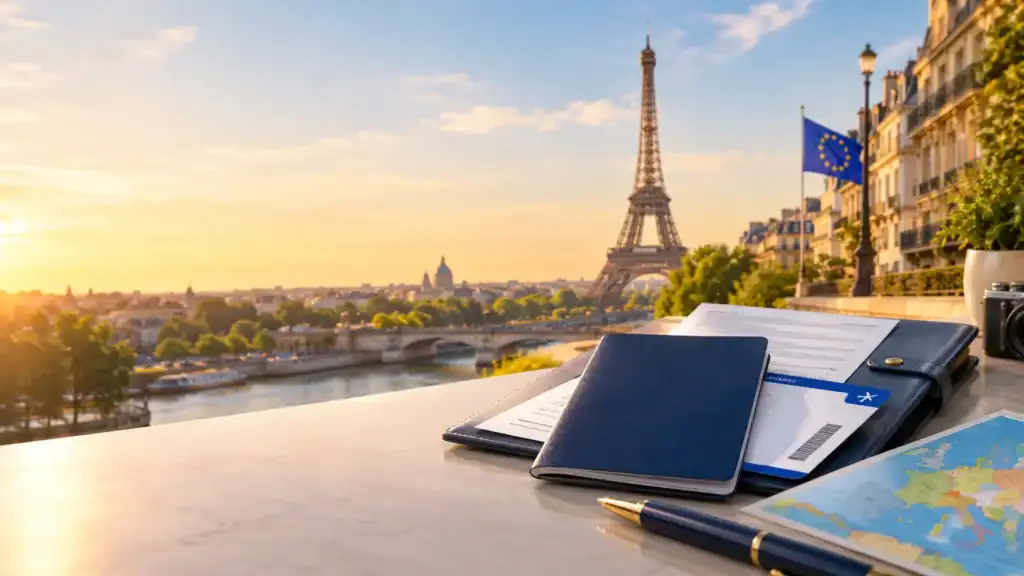 Schengen visa from India with European travel documents and a Paris cityscape