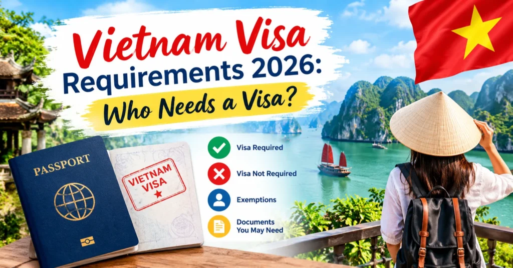 Vietnam visa requirements 2026 guide showing a passport, Vietnamese flag, and Ha Long Bay.